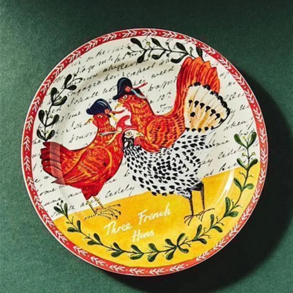 Anthropologie Emily Maude 12 Days Christmas  3 French Hens Dessert Plate - Picture 1 of 3
